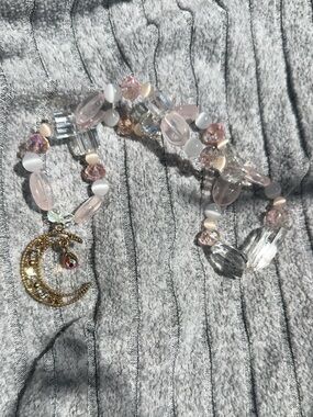 Fairy Sugar Moon HangCharm (Rose Quartz, White Catās Eye And Iridescent Crystals
